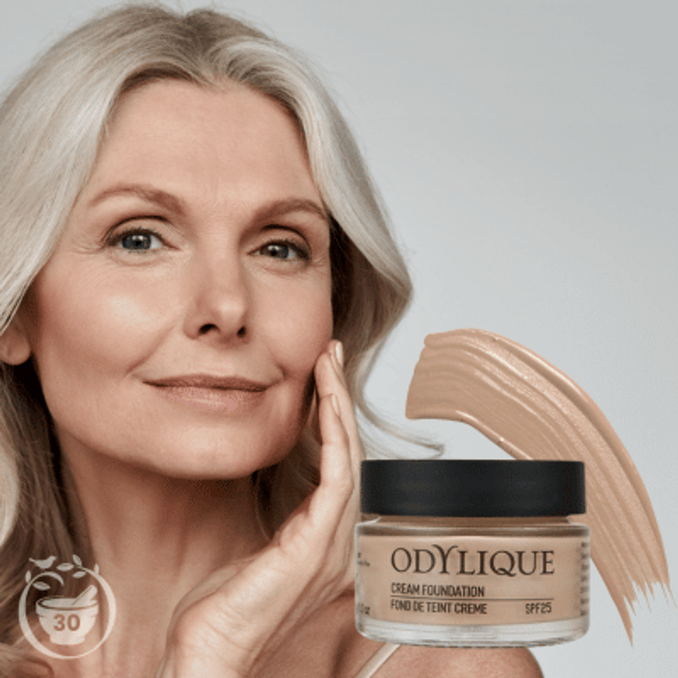 Odylique Cream Foundation SPF 25, shade 30 light pink, shown on model with product jar and creamy swatch.